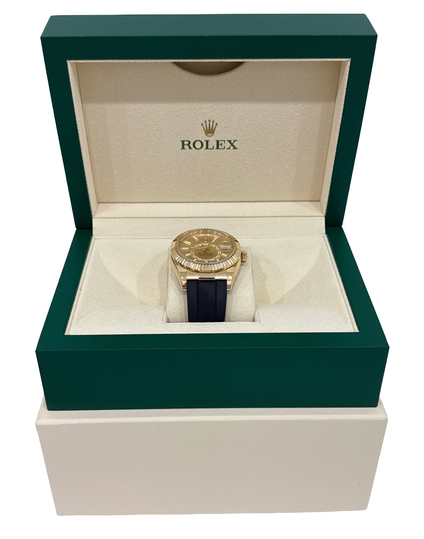 Rolex Sky-Dweller 18K Yellow Gold CHAMPAGNE Oysterflex Rubber 42mm 326238 BOX