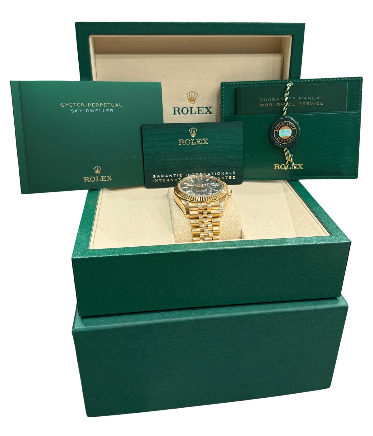 New July 2026 Rolex Sky-Dweller 336938 Green 18K Gold 42mm Jubilee Box Papers