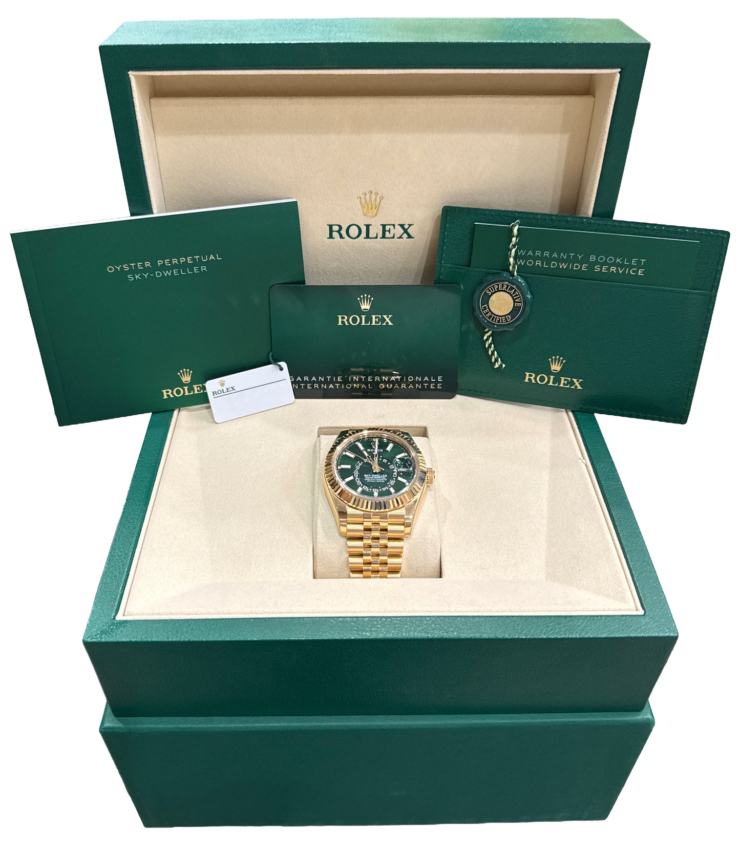 2025 PAPERS Rolex Sky-Dweller GREEN 18K Yellow Gold 42mm 336938 Watch BOX