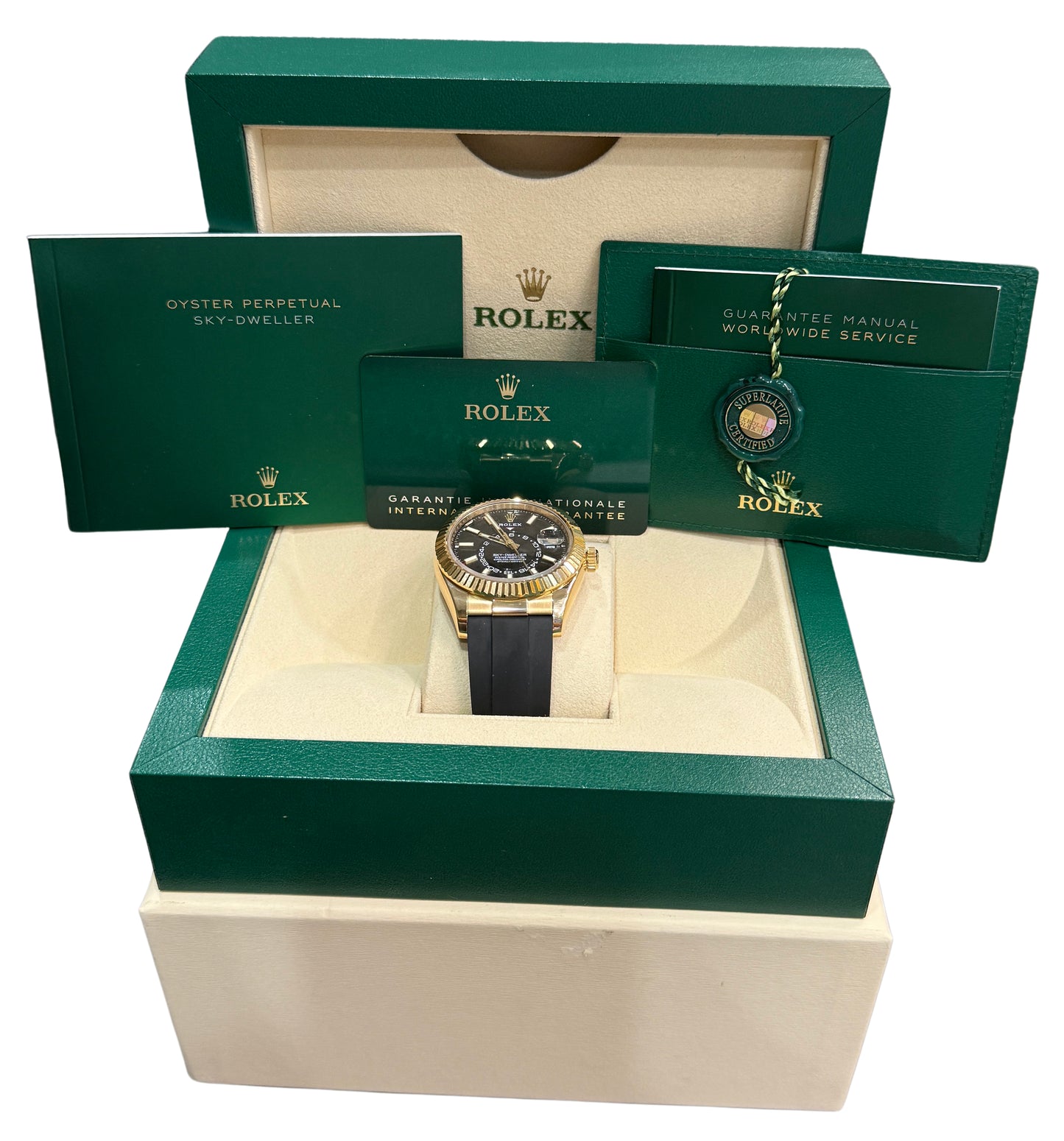 2021 Rolex Sky-Dweller 326238 18K Yellow Gold Black Oysterflex 42mm Box Papers