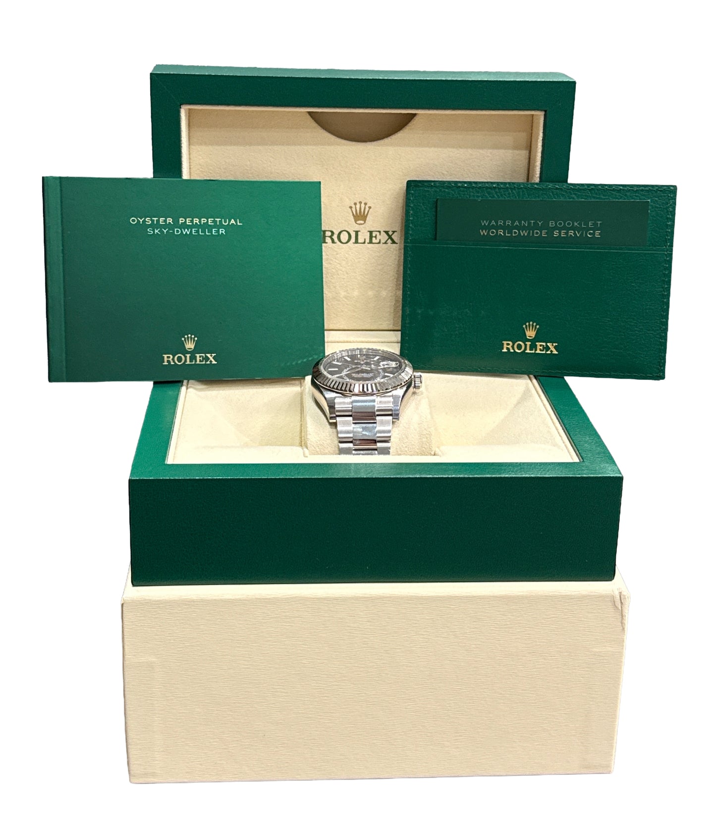 STICKERED Rolex Sky-Dweller 326934 BLUE 42mm Steel OYSTER 18K Gold Watch BOX