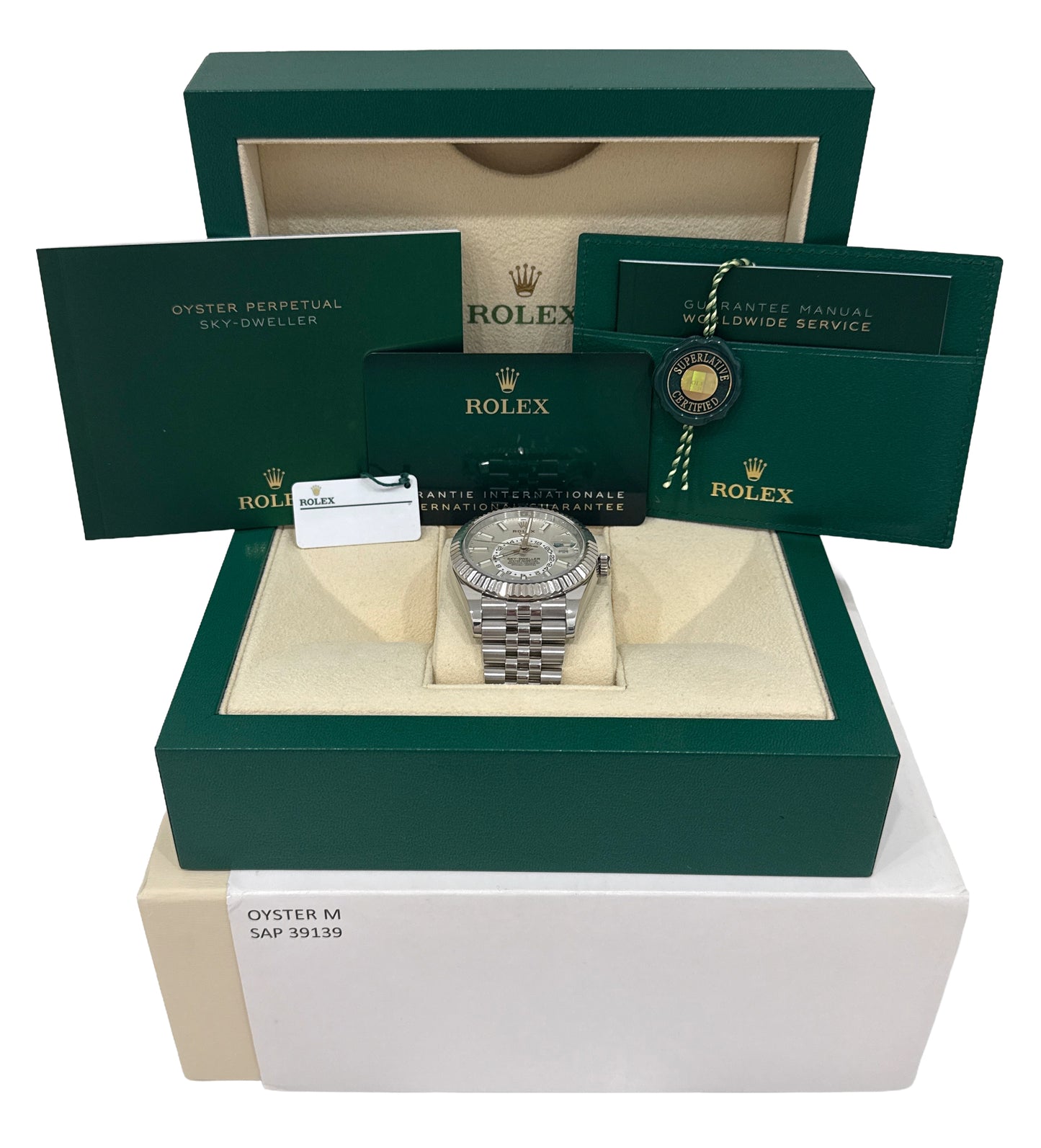 2023 PAPERS Rolex Sky-Dweller WHITE Steel 18K White Gold 42mm JUBILEE 326934 BOX