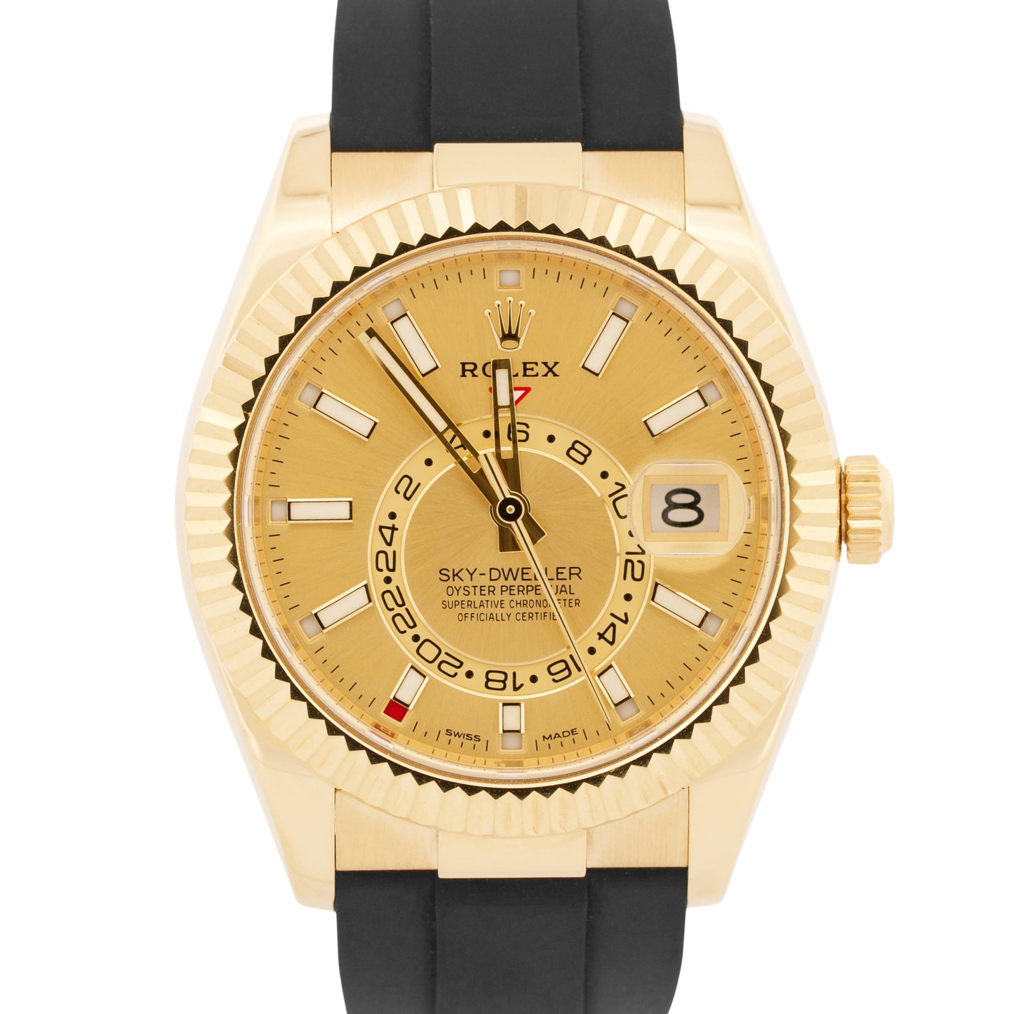 Rolex Sky-Dweller 18K Yellow Gold CHAMPAGNE Oysterflex Rubber 42mm 326238 BOX