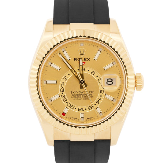 Rolex Sky-Dweller 18K Yellow Gold CHAMPAGNE Oysterflex Rubber 42mm 326238 BOX
