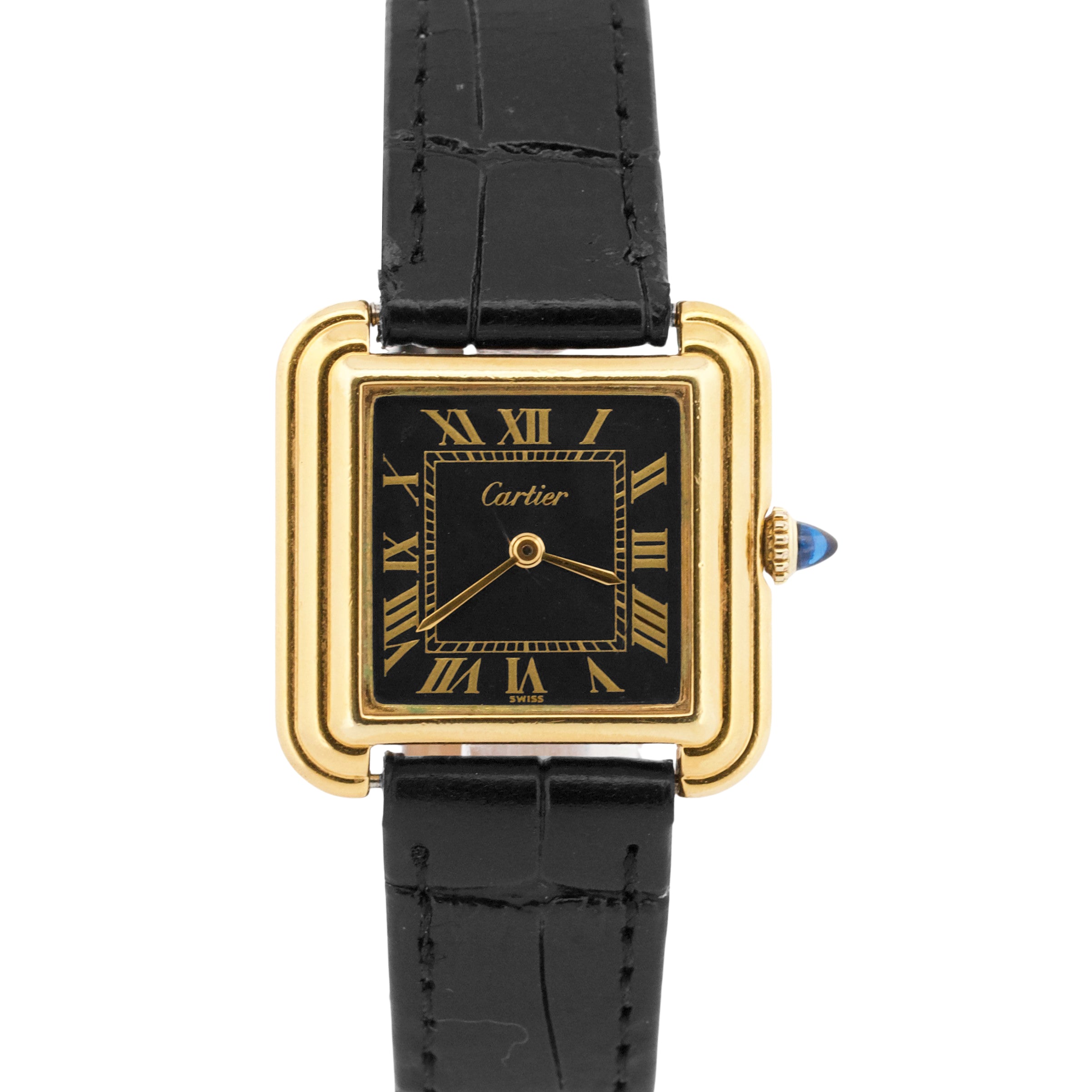 Cartier Stepped Tank BLACK ROMAN Manual 18K Gold Filled Leather