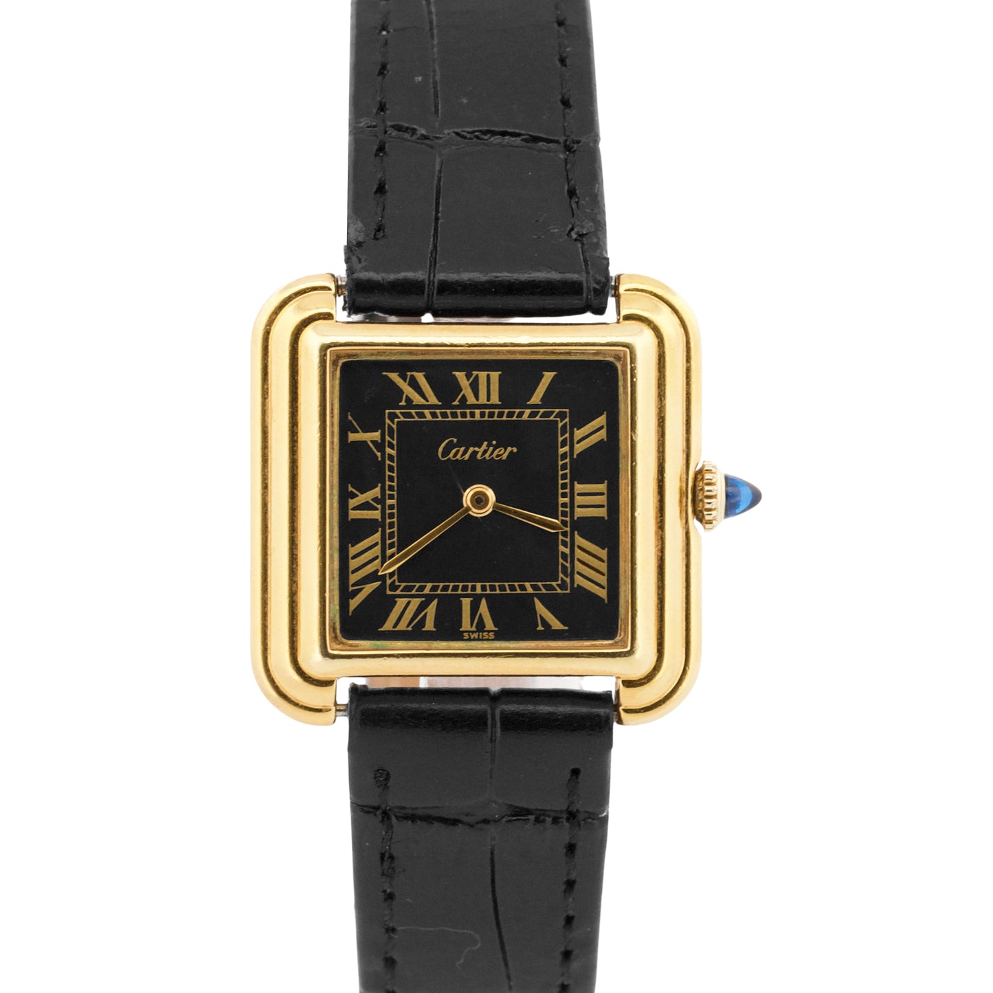 Cartier Stepped Tank BLACK ROMAN Manual 18K Gold Filled Leather 27.5mm 25716