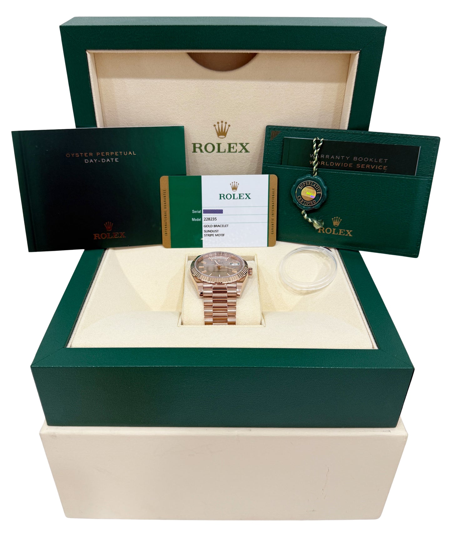 2019 Rolex Day-Date President 228235 Sundust Tapestry 18K Gold 40mm Box Papers