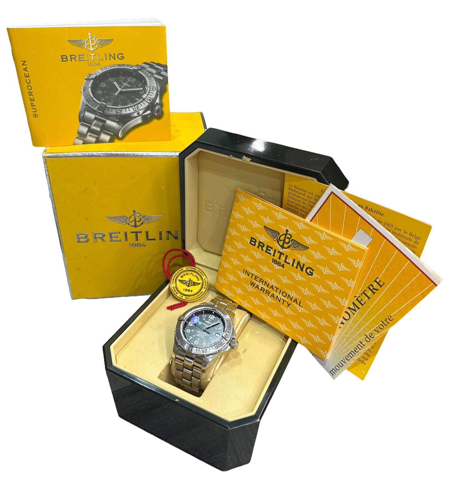2004 PAPERS Breitling SuperOcean 42mm BLACK Steel Automatic A17360 Watch BOX