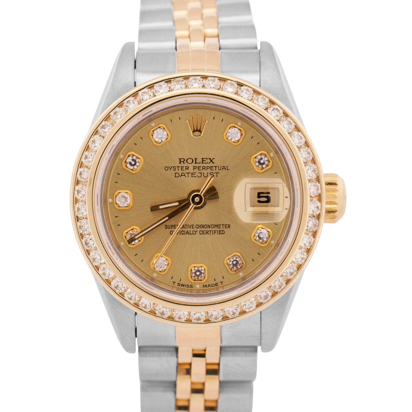 PAPERS Rolex DateJust 26mm CHAMPAGNE DIAMOND 18K Gold Steel NO-HOLES 69173 BOX