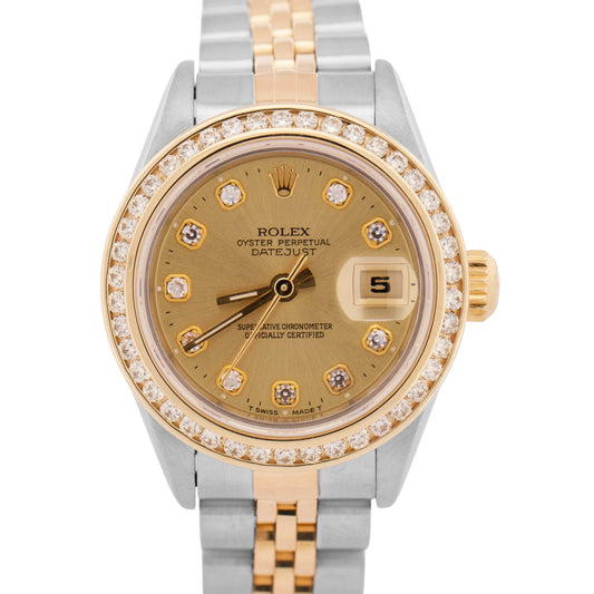 PAPERS Rolex DateJust 26mm CHAMPAGNE DIAMOND 18K Gold Steel NO-HOLES 69173 BOX
