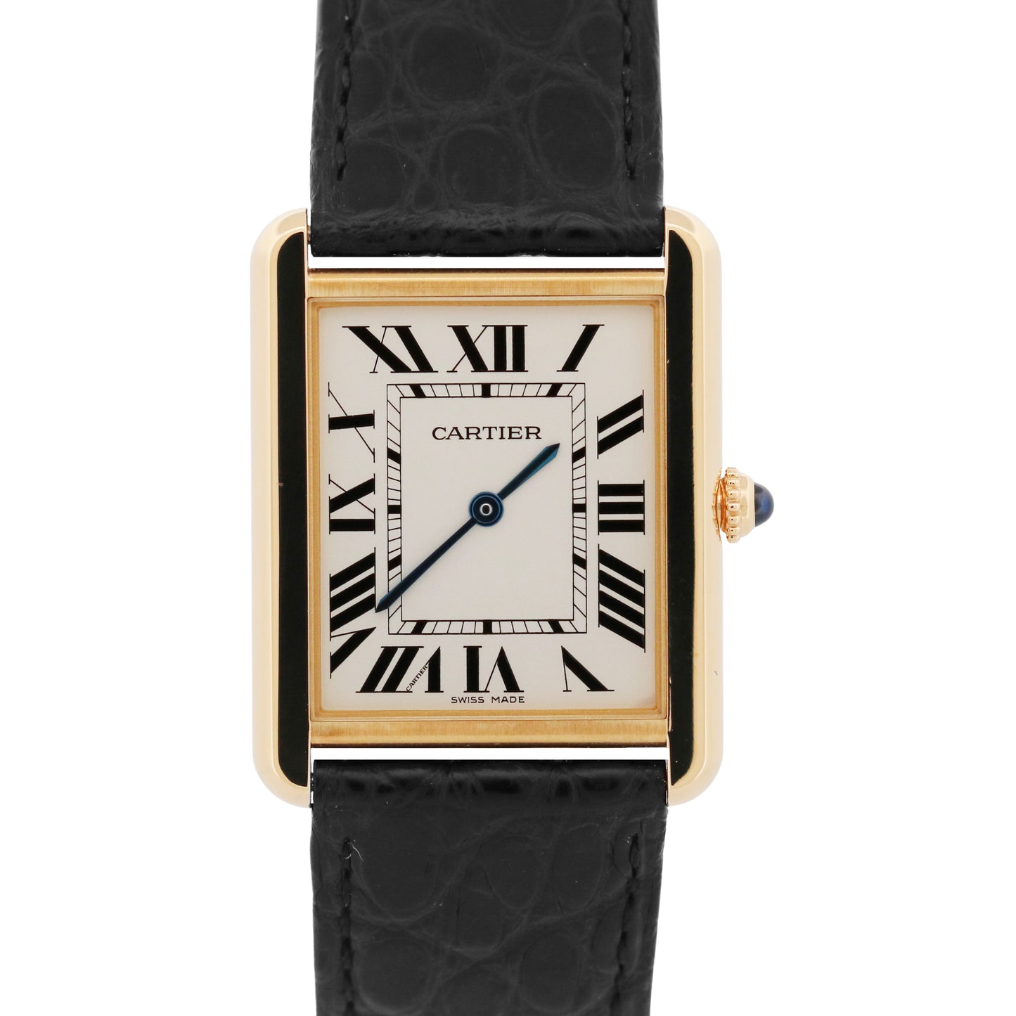 Cartier Tank Solo Large SILVER 18K Yellow Gold Quartz 2742 W1018855 Leather 27mm
