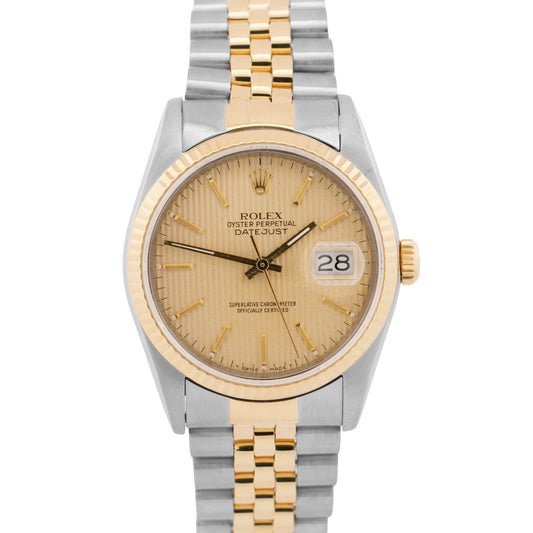 Rolex DateJust 36mm CHAMPAGNE TAPESTRY Two-Tone 18K Gold Steel JUBILEE 16233