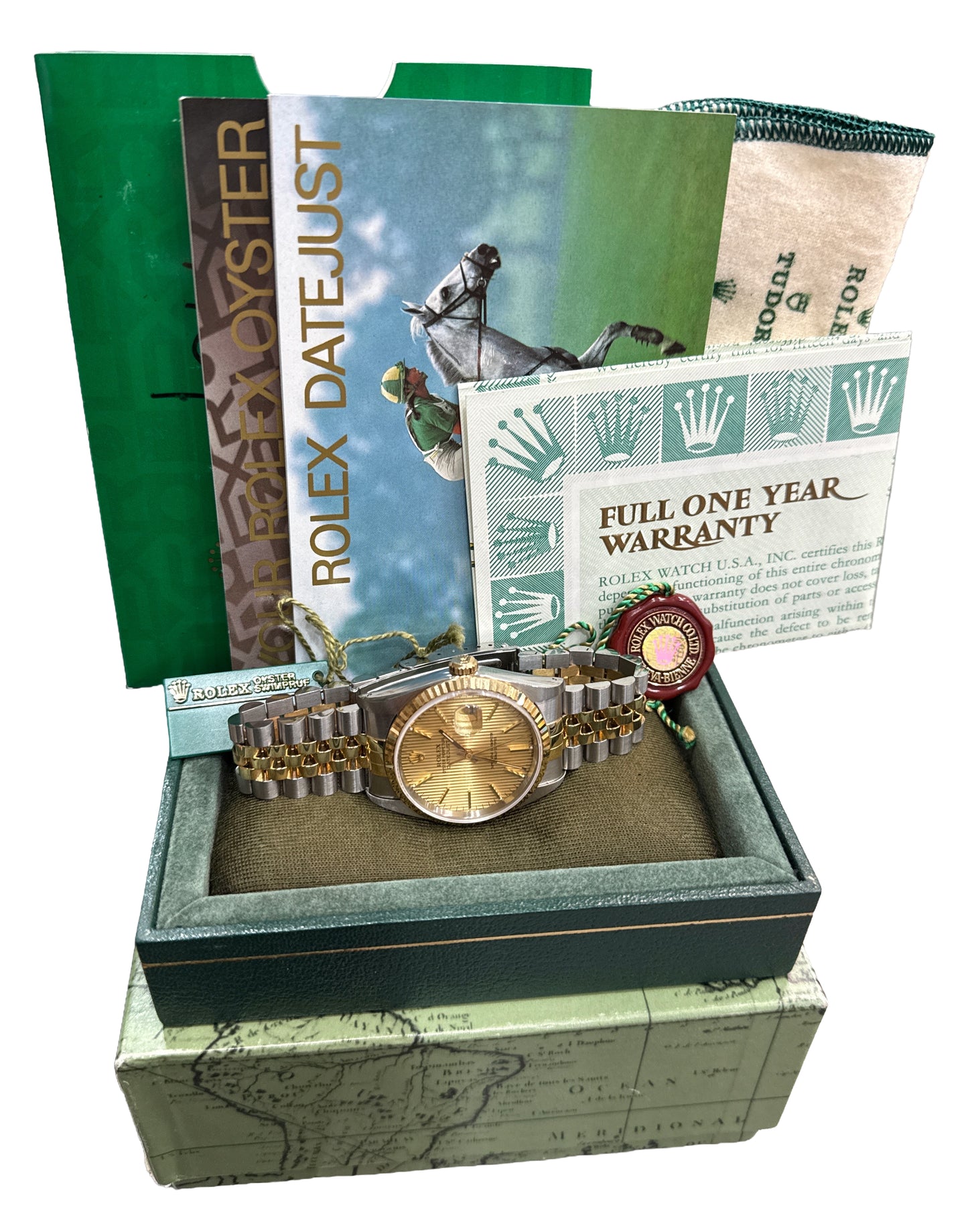 NOS 1993 PAPERS Rolex DateJust 36mm CHAMPAGNE TAPESTRY JUBILEE 18K 16233 BOX