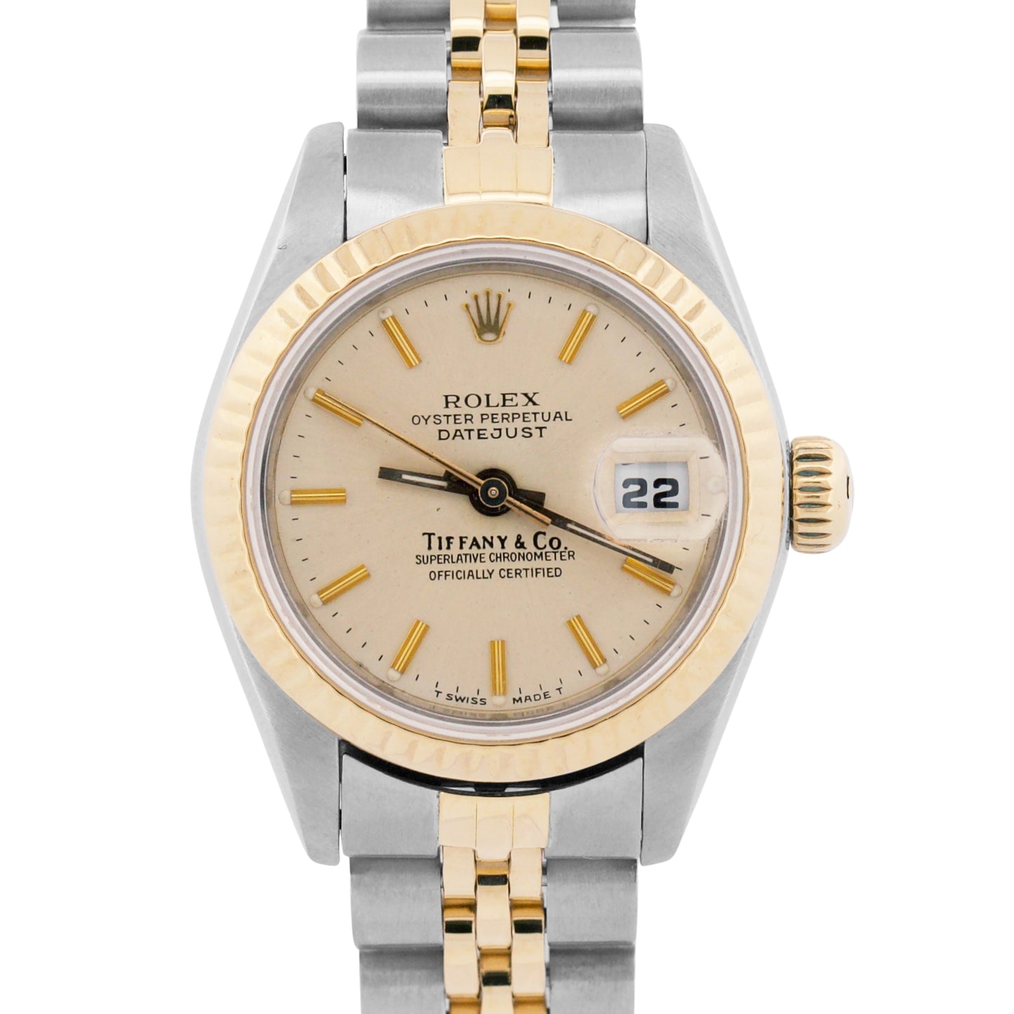 Ladies Rolex DateJust 26mm SILVER TIFFANY 18K Gold Steel JUBILEE Fluted 69173