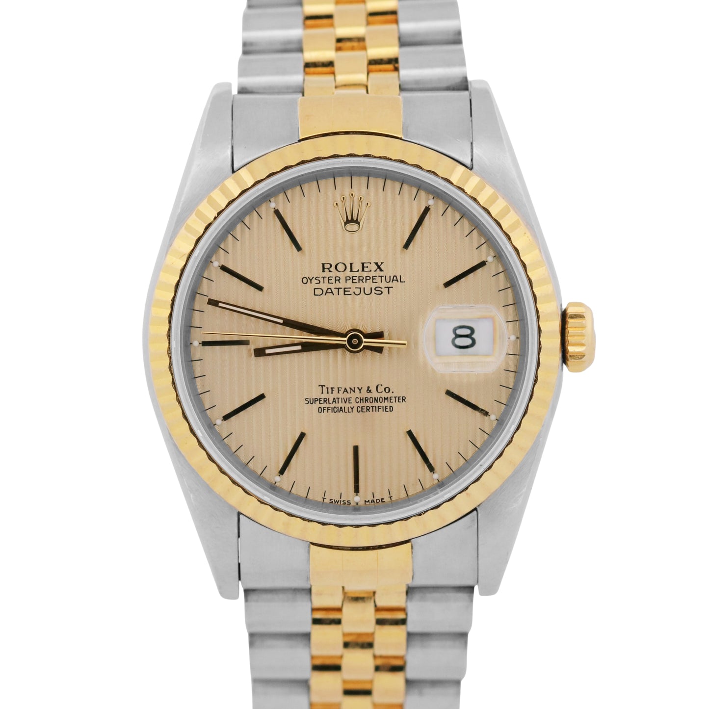 PAPERS Rolex DateJust 36mm CHAMPAGNE TAPESTRY TIFFANY 18K JUBILEE 16233 BOX