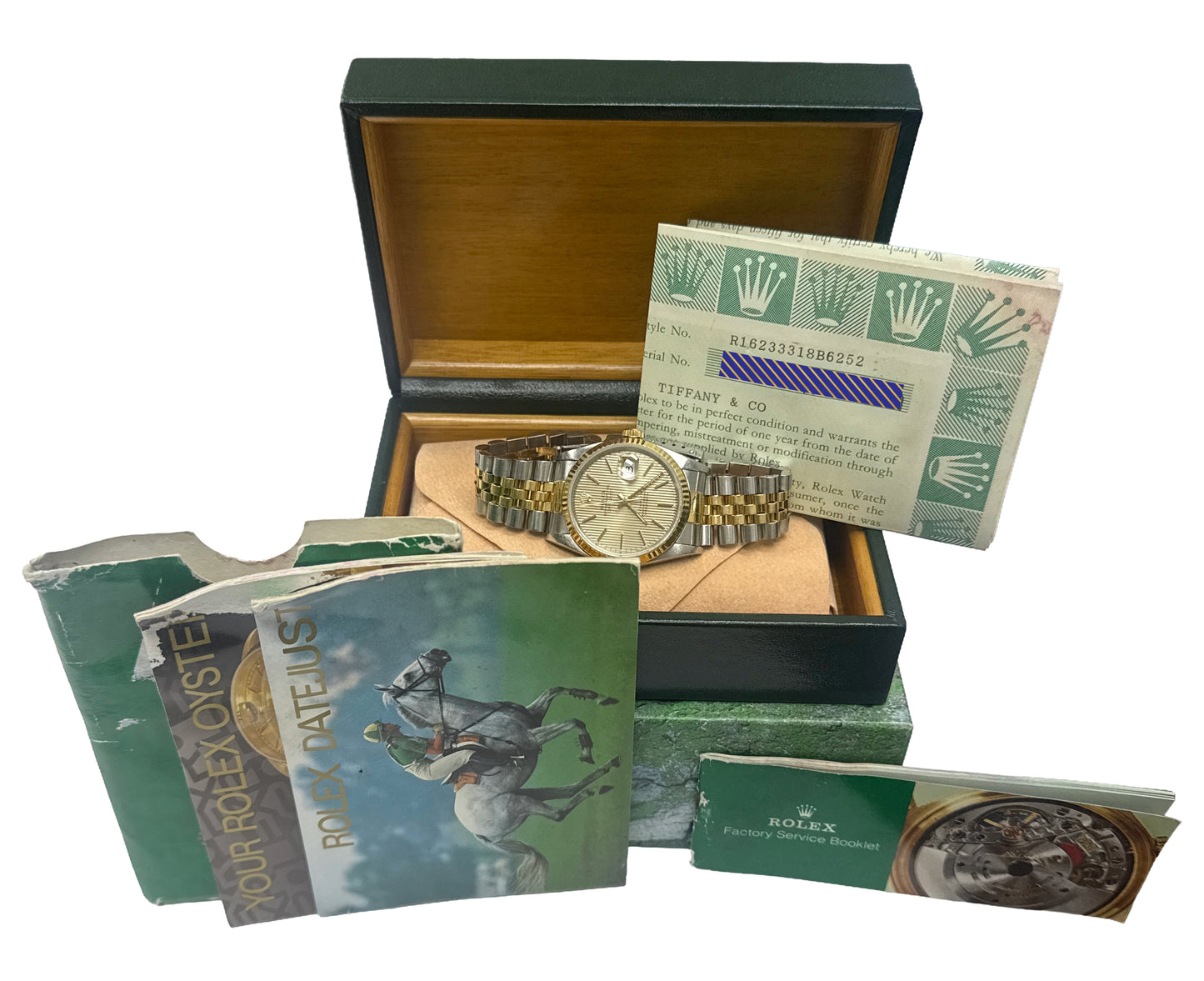PAPERS Rolex DateJust 36mm CHAMPAGNE TAPESTRY TIFFANY 18K JUBILEE 16233 BOX