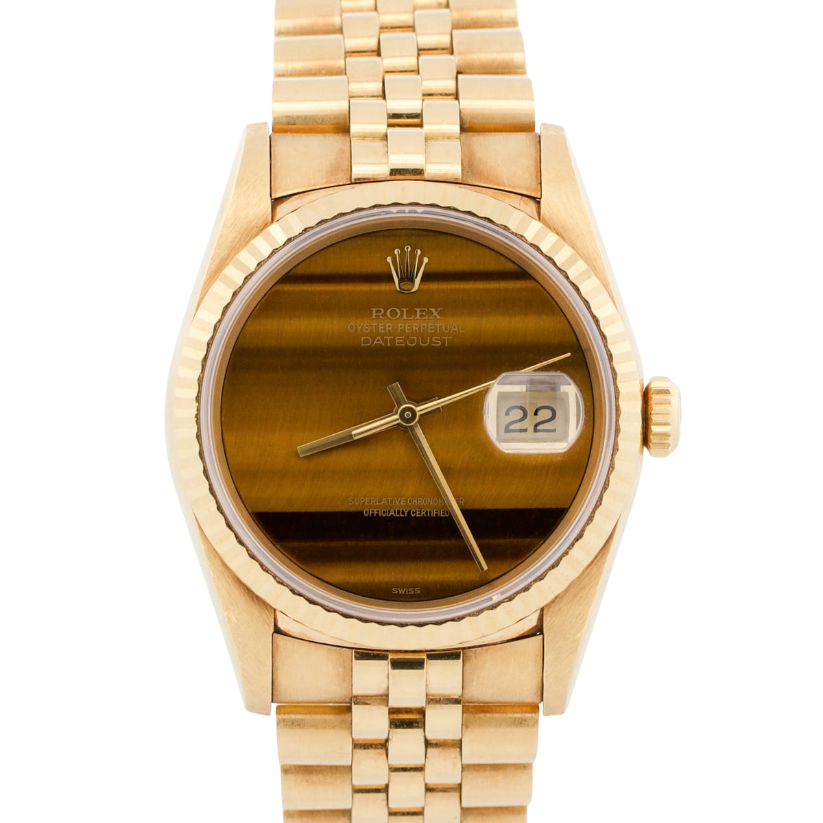Unpolished Rolex DateJust 16238 36mm Tiger Eye 18K Yellow Gold Jubilee Watch