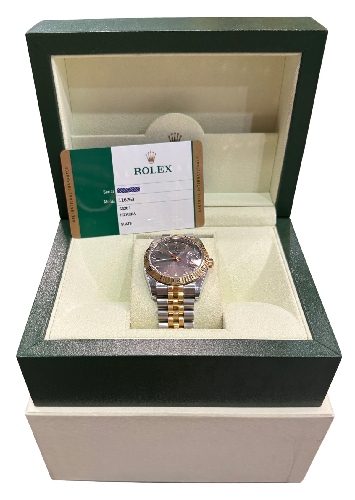 Unpolished Rolex DateJust 116263 Turn-O-Graph 36mm Slate 18K Jubilee Box Papers