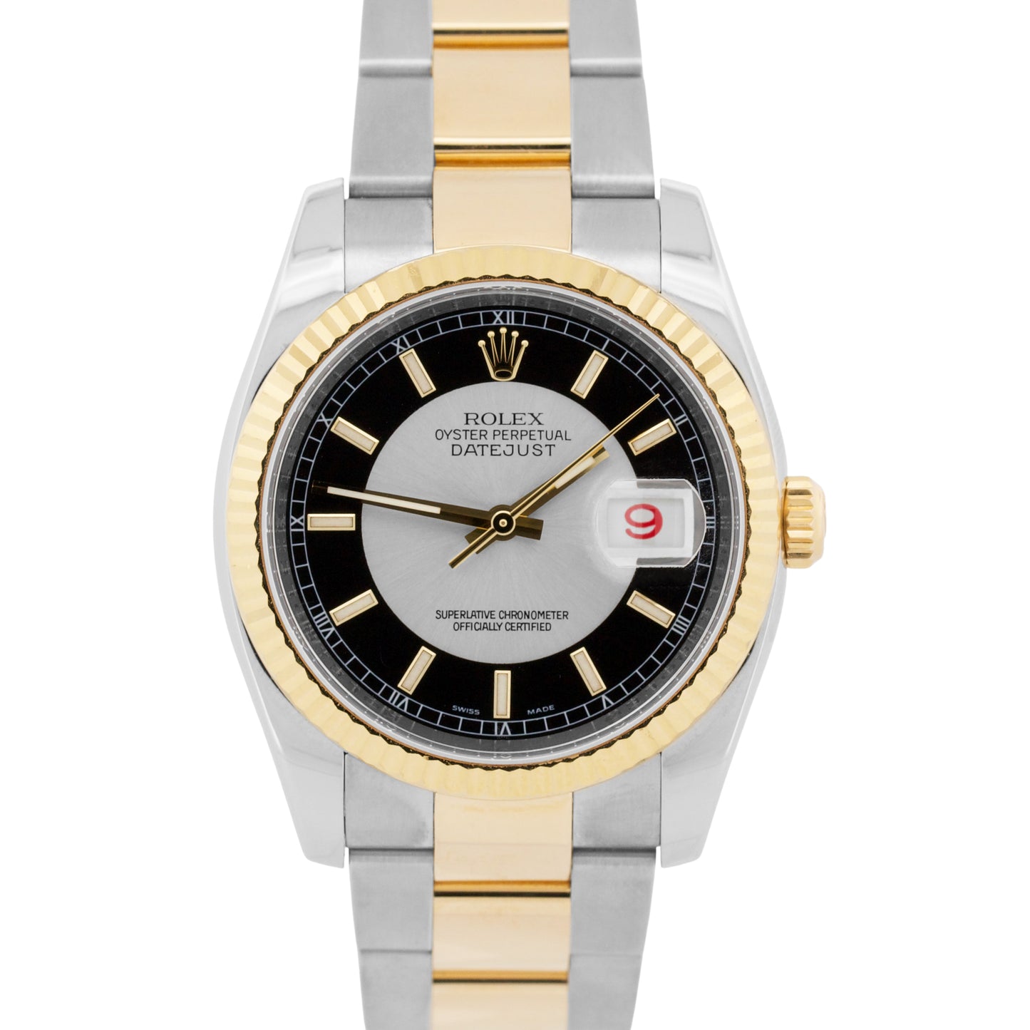 PAPERS Rolex DateJust 36mm Silver Black TUXEDO DIAL 18K Gold OYSTER 116233 BOX