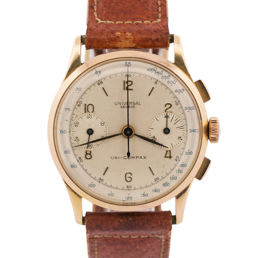 VINTAGE Universal Uni-Compax SILVER 35mm 18K Rose Gold Leather Manual 12445