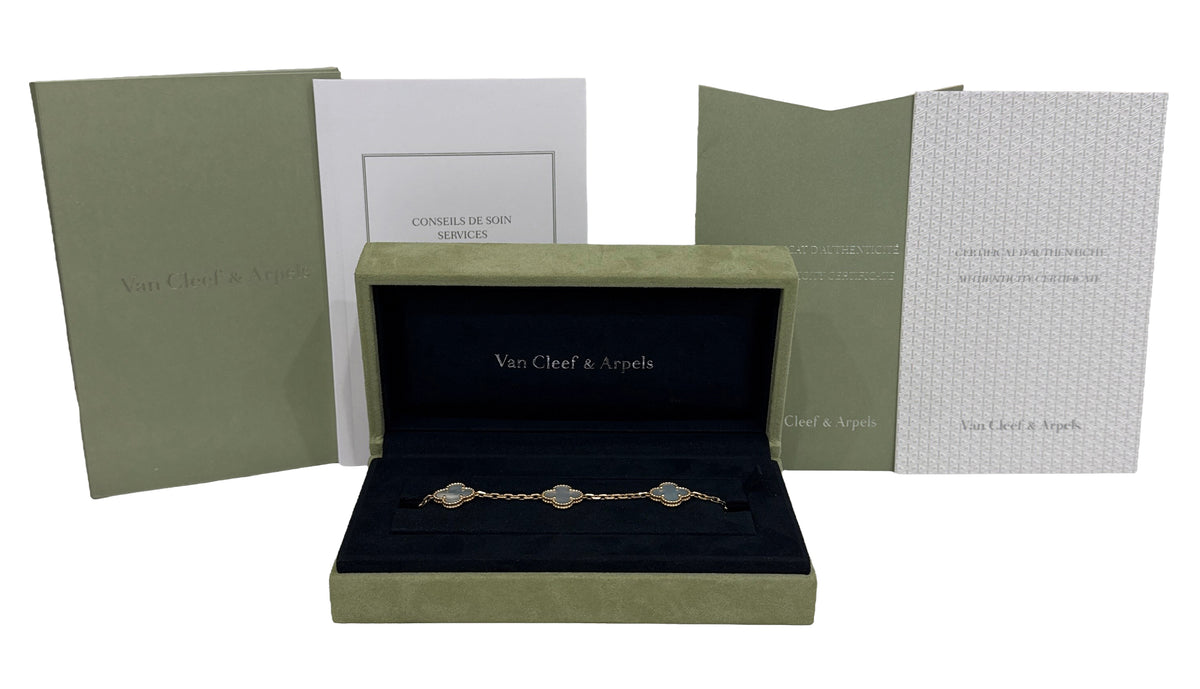 2018 Van Cleef & Arpels Alhambra 5 Motif MOP 18K Yellow Gold Bracelet Box Papers