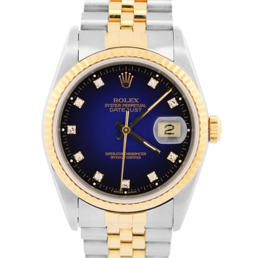 Rolex DateJust 36mm BLUE DIAMOND VIGNETTE Two-Tone 18K Gold Steel JUBILEE 16233