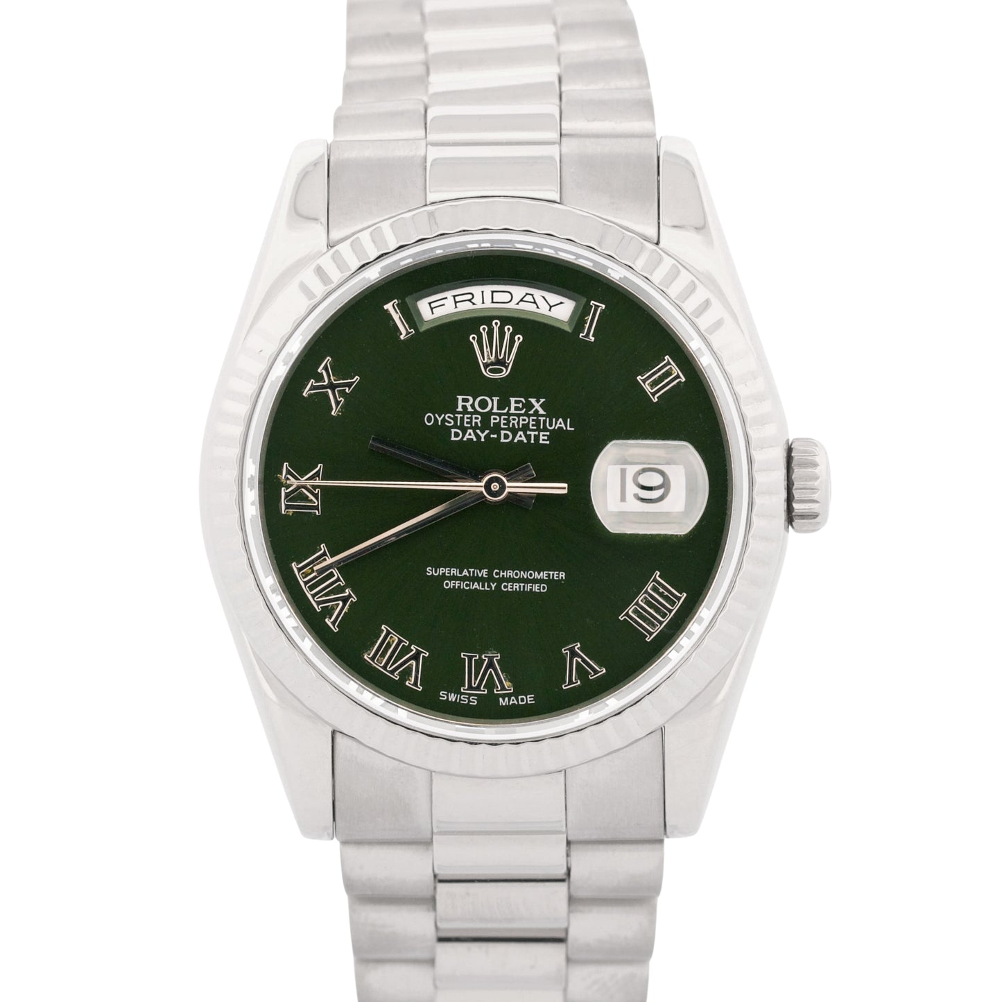 2000 Rolex Day-Date President 118239 Green Roman 18K White Gold 36mm Watch