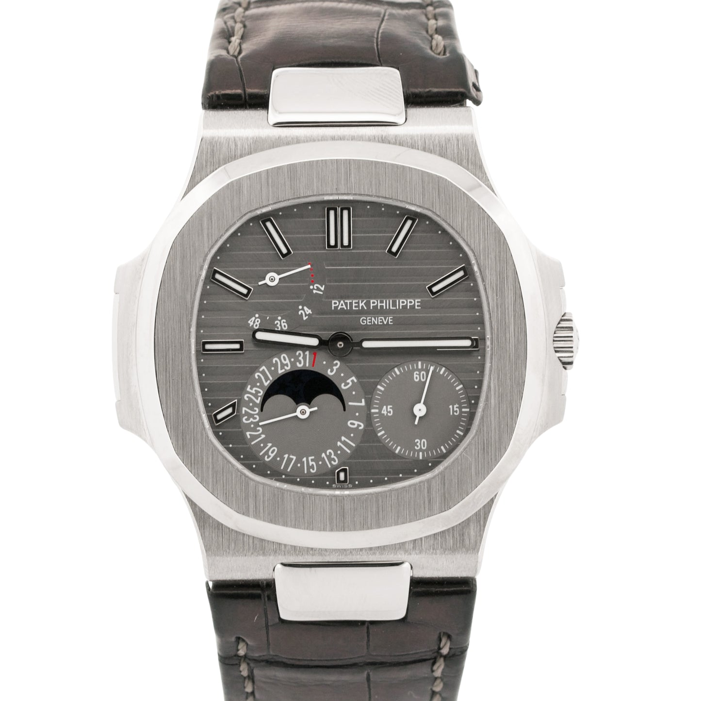 2009 PAPERS Patek Philippe Nautilus Gray Moon Phase 18K White Gold 5712G-001 BOX