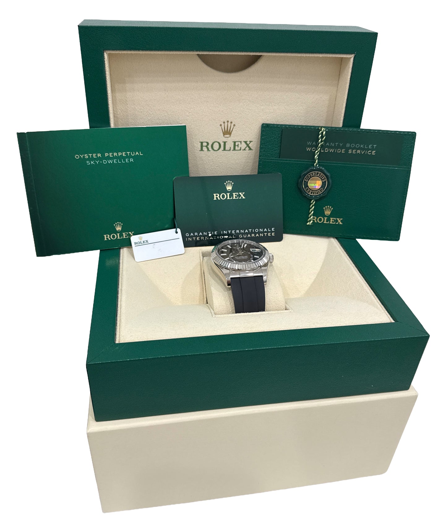 2024 PAPERS Rolex Sky-Dweller BLACK 18K White Gold OYSTERFLEX Rubber 336239 BOX