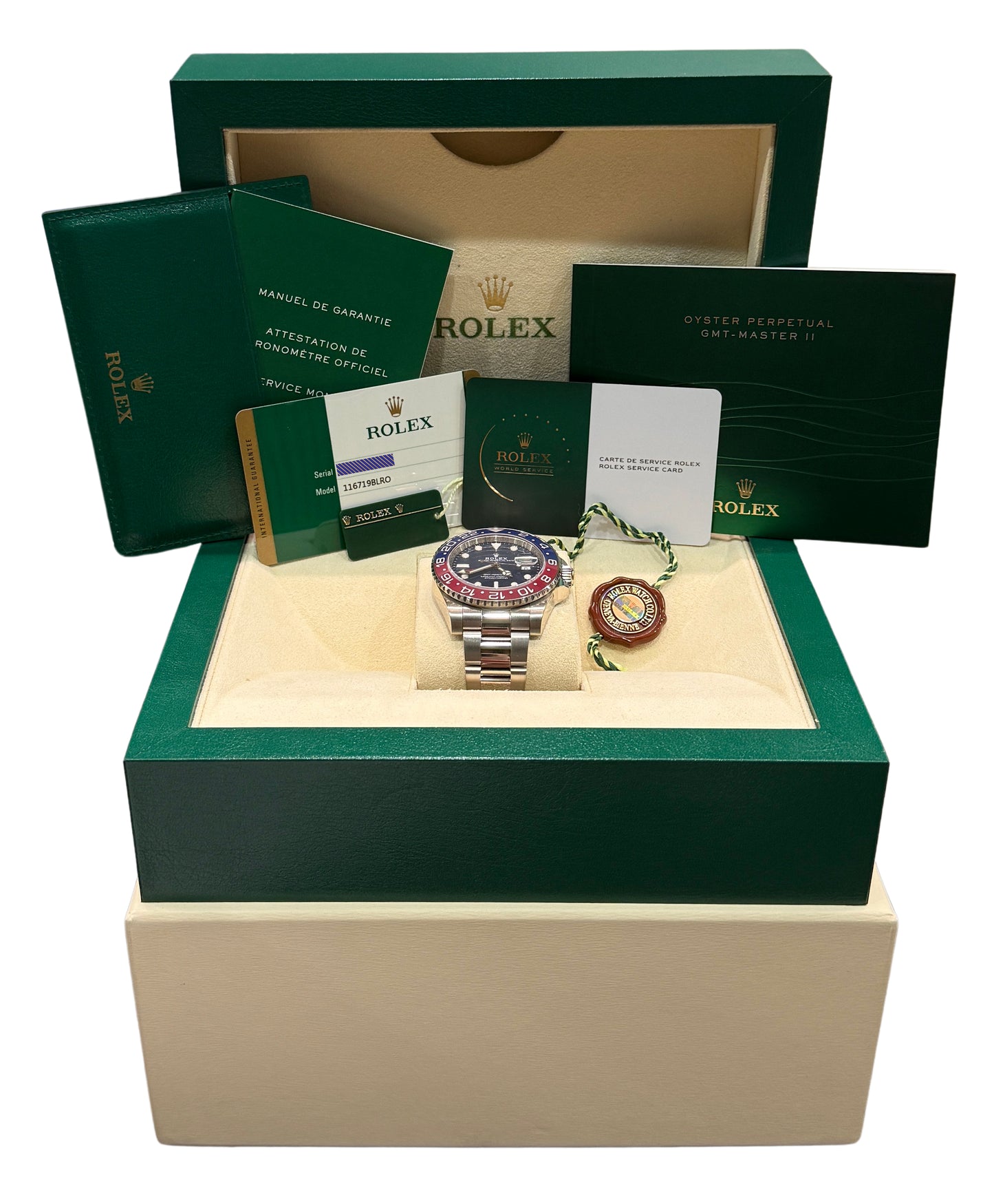 2025 RSC Rolex GMT-Master II 116719 BLRO Pepsi Blue Red 18K Gold Box Papers