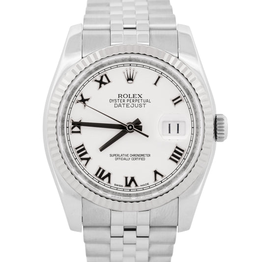 2015 PAPERS Rolex DateJust 36mm WHITE ROMAN 18K Steel JUBILEE 18K 116234 BOX