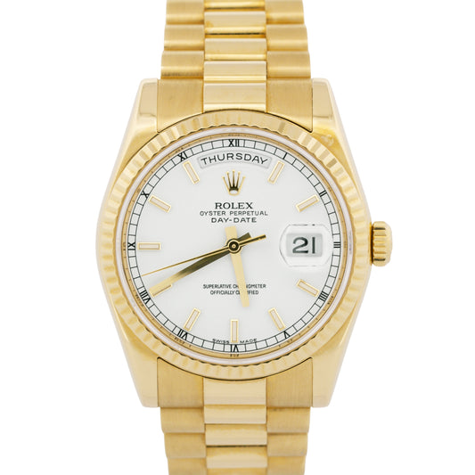 Rolex Day-Date President WHITE 18K Yellow Gold Fluted 36mm 118238 Watch BOX