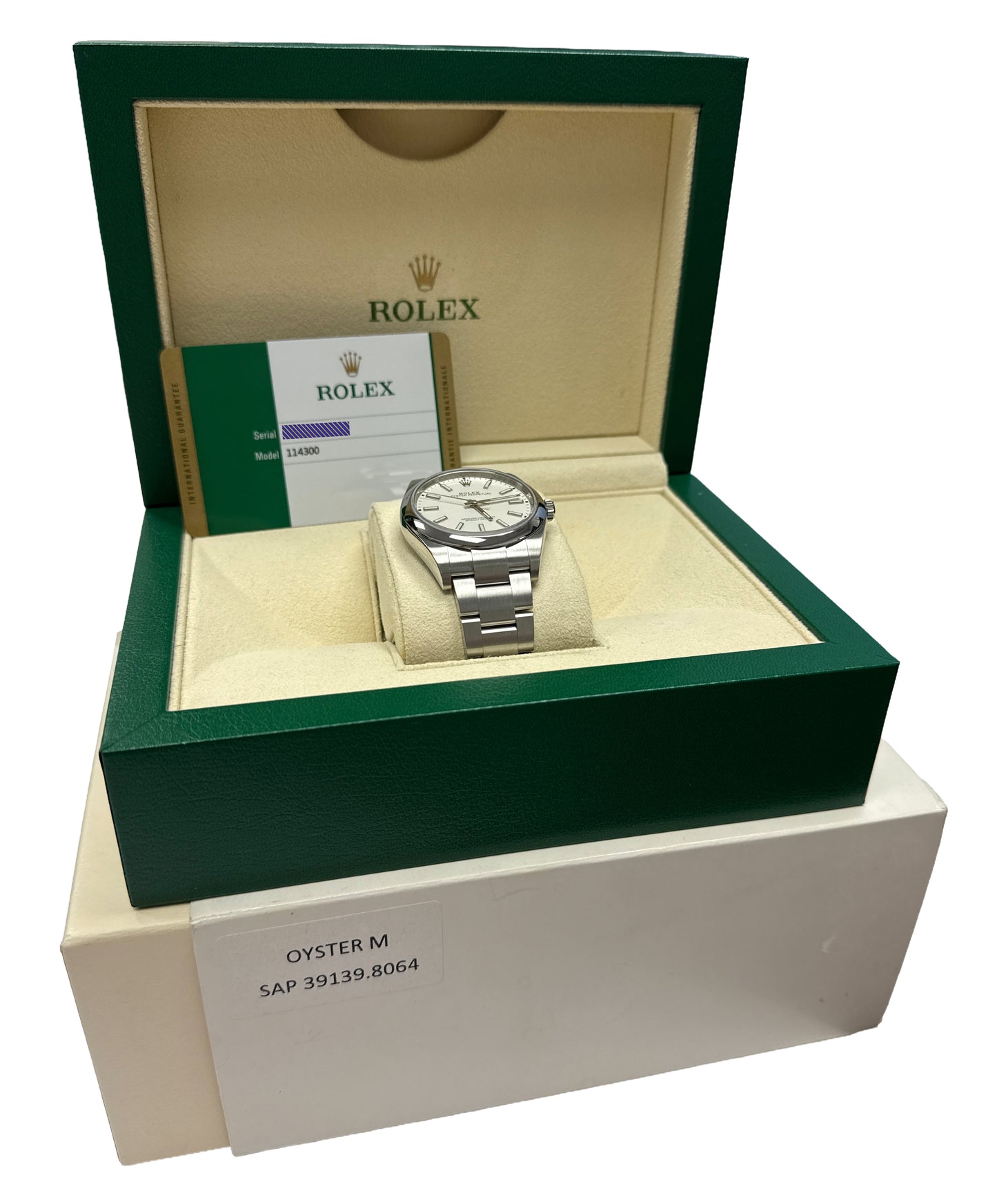PAPERS Rolex Oyster Perpetual 39mm WHITE Stainless Steel Oyster 114300 Watch BOX