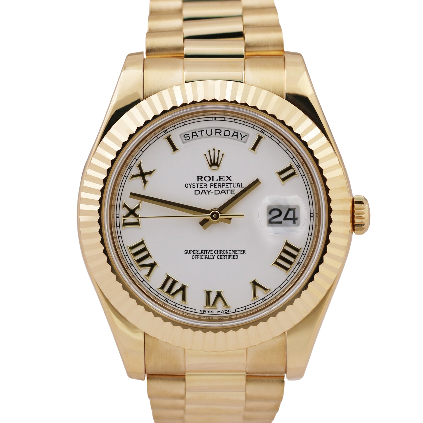 Rolex Day-Date II President WHITE ROMAN 41mm 18K Yellow Gold Watch 218238 BOX