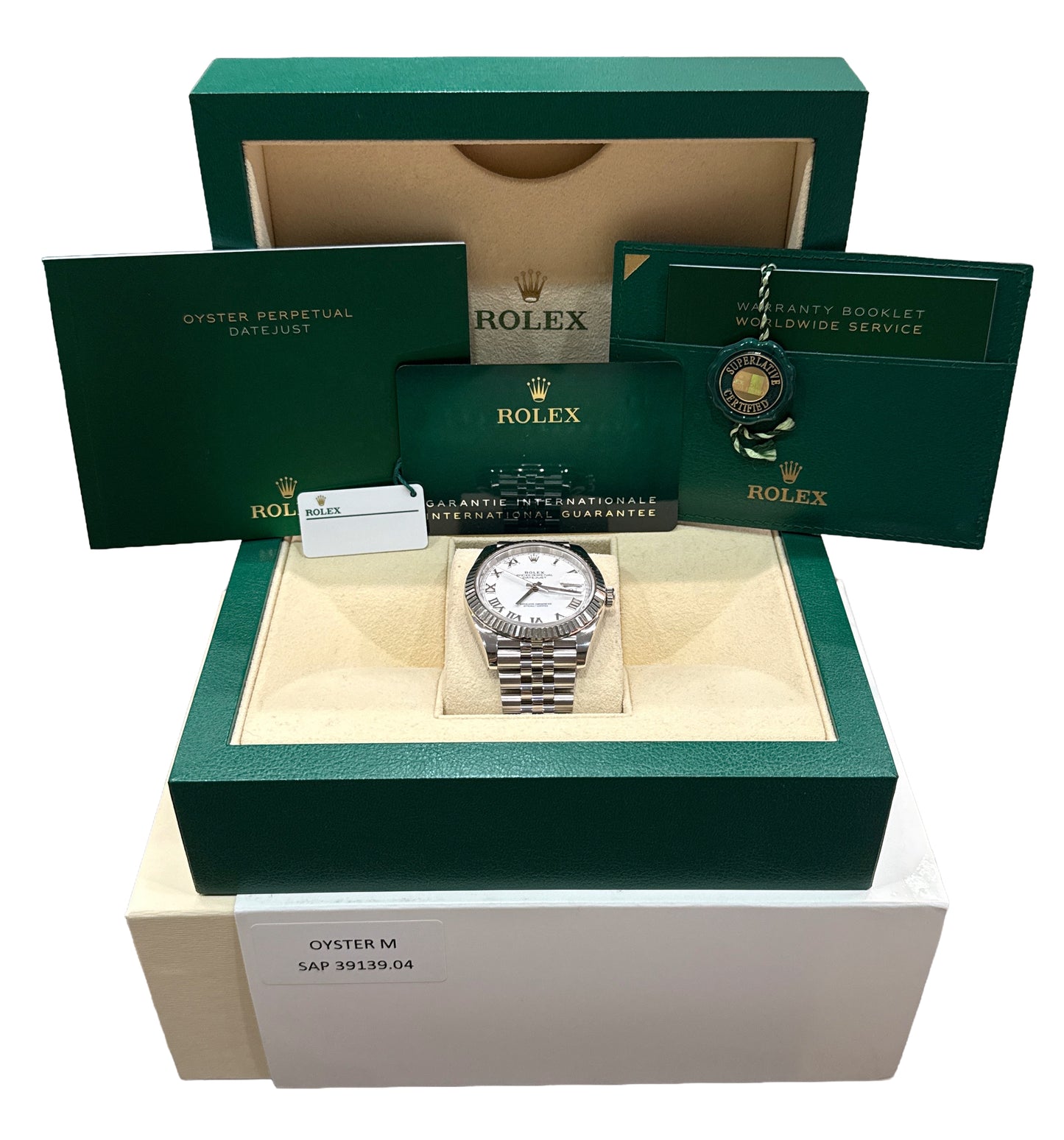 2021 PAPERS Rolex DateJust 41 WHITE ROMAN 18K Gold Steel JUBILEE 41mm 126334 BOX