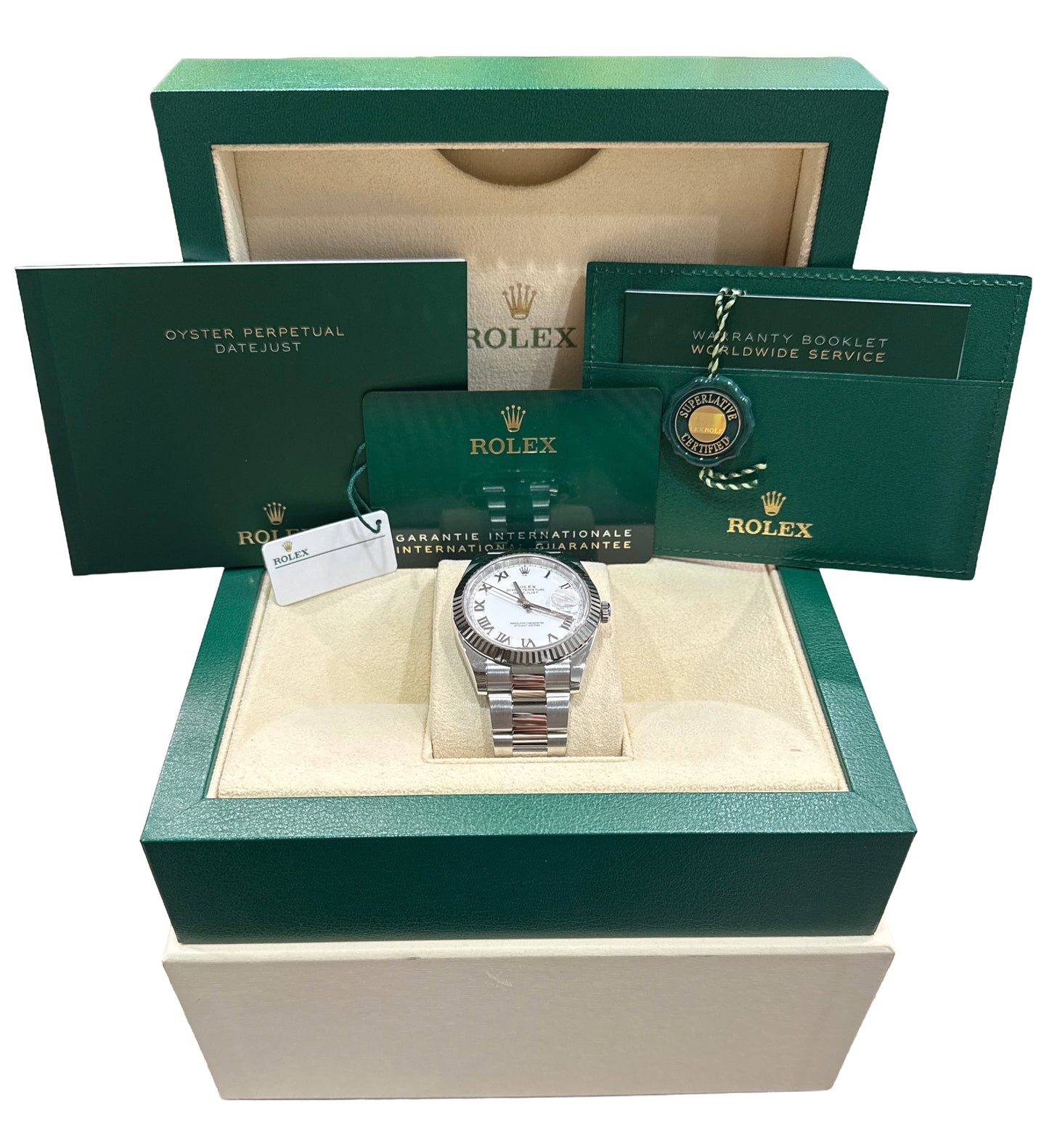 2025 PAPERS Rolex DateJust 41 WHITE ROMAN 18K Gold 41mm OYSTER 126334 Watch BOX