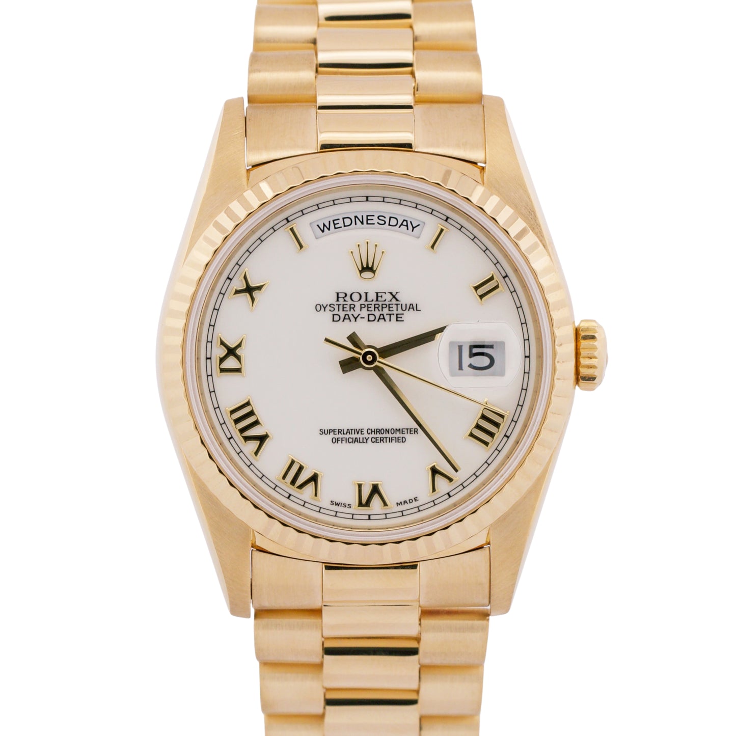 1998 PAPERS Rolex Day-Date President WHITE ROMAN 18K Yellow Gold 36mm 18238 BOX