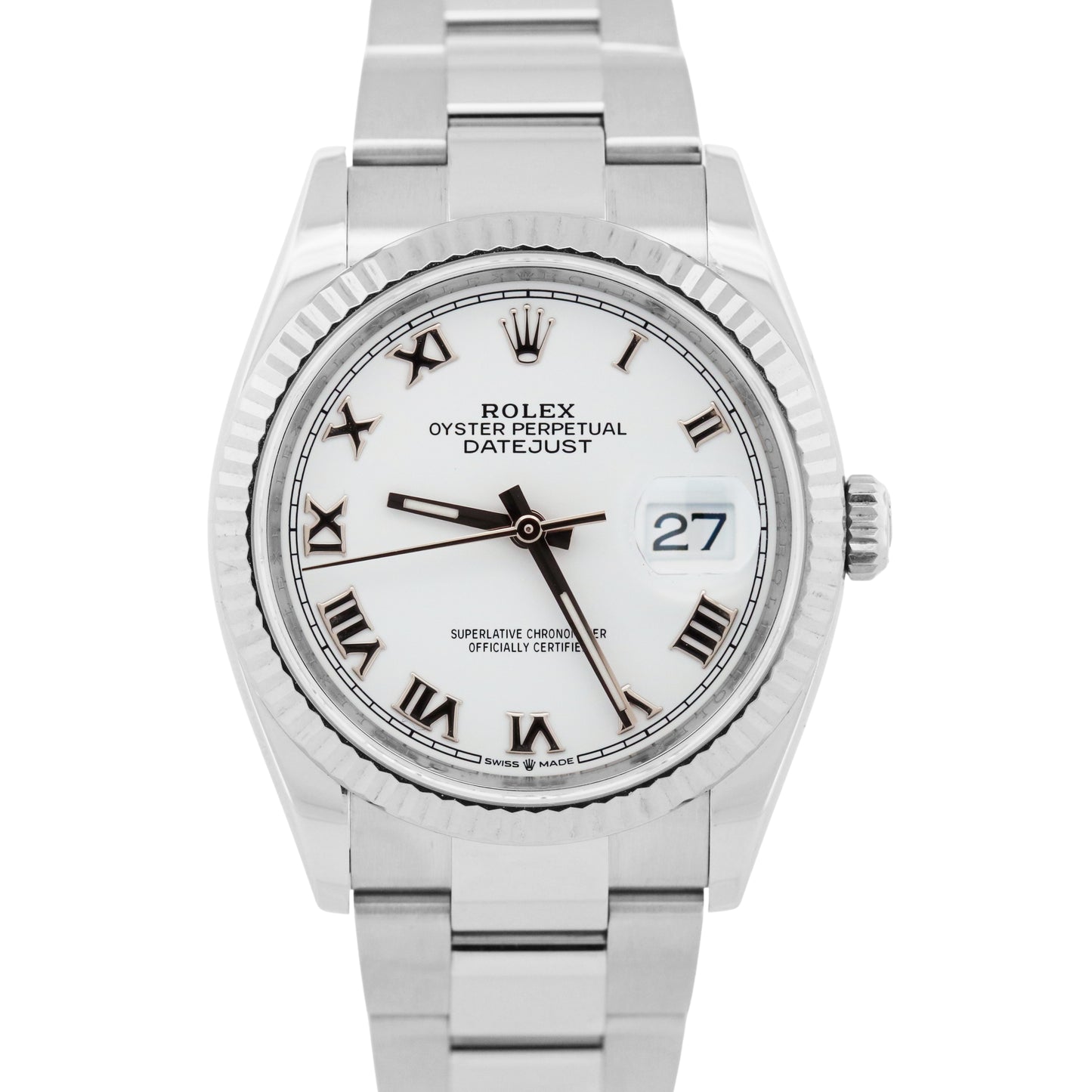 Rolex DateJust 36 WHITE ROMAN 18K Gold Stainless Fluted OYSTER 126234 36mm Watch