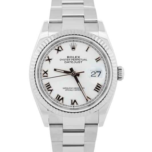 Rolex DateJust 36 WHITE ROMAN 18K Gold Stainless Fluted OYSTER 126234 36mm Watch