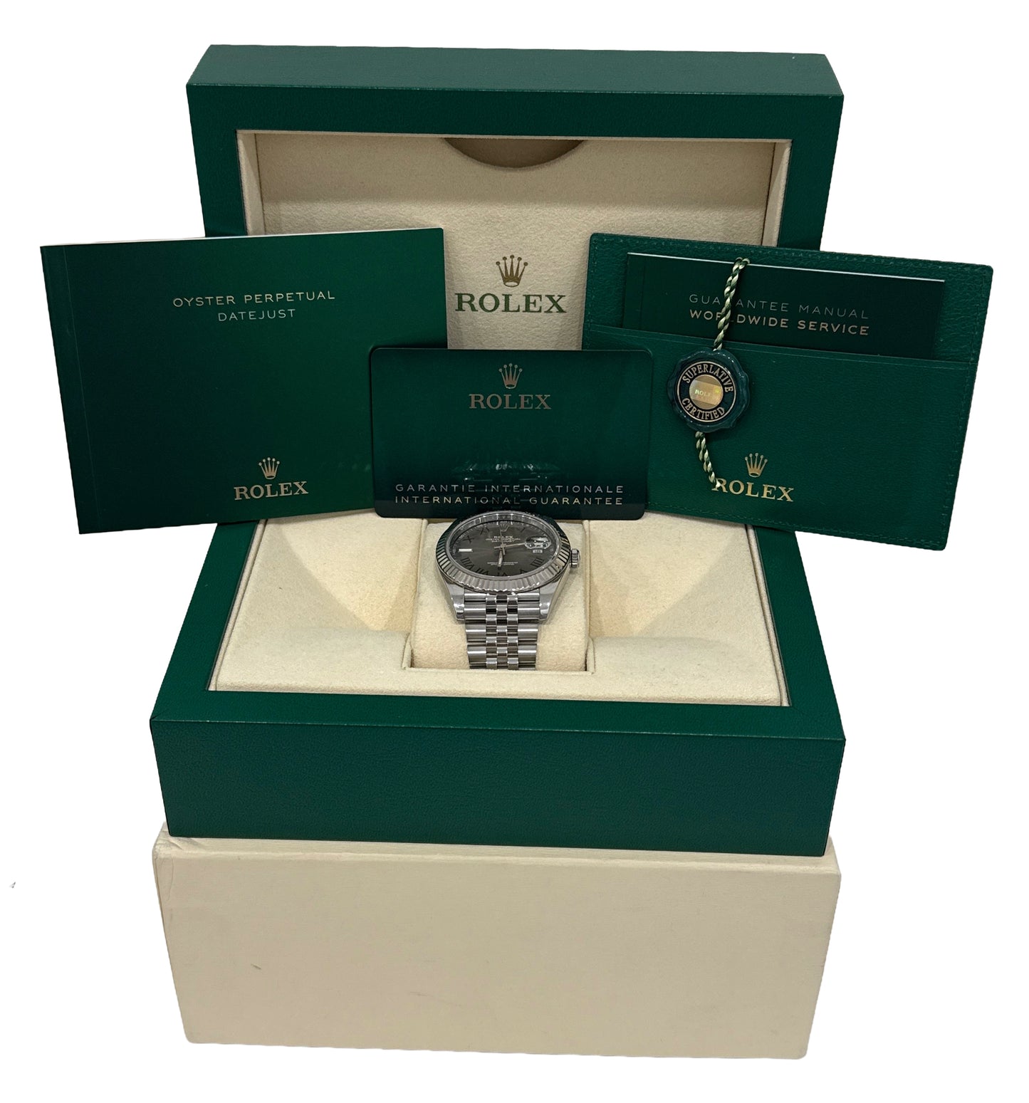 2022 PAPERS Rolex DateJust 41mm WIMBLEDON Roman 18K Fluted JUBILEE 126334 BOX