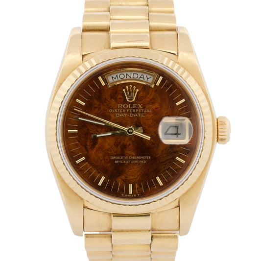 1986 Rolex Day-Date President 18038 Factory Walnut Wood 18K Gold 36mm Box Papers