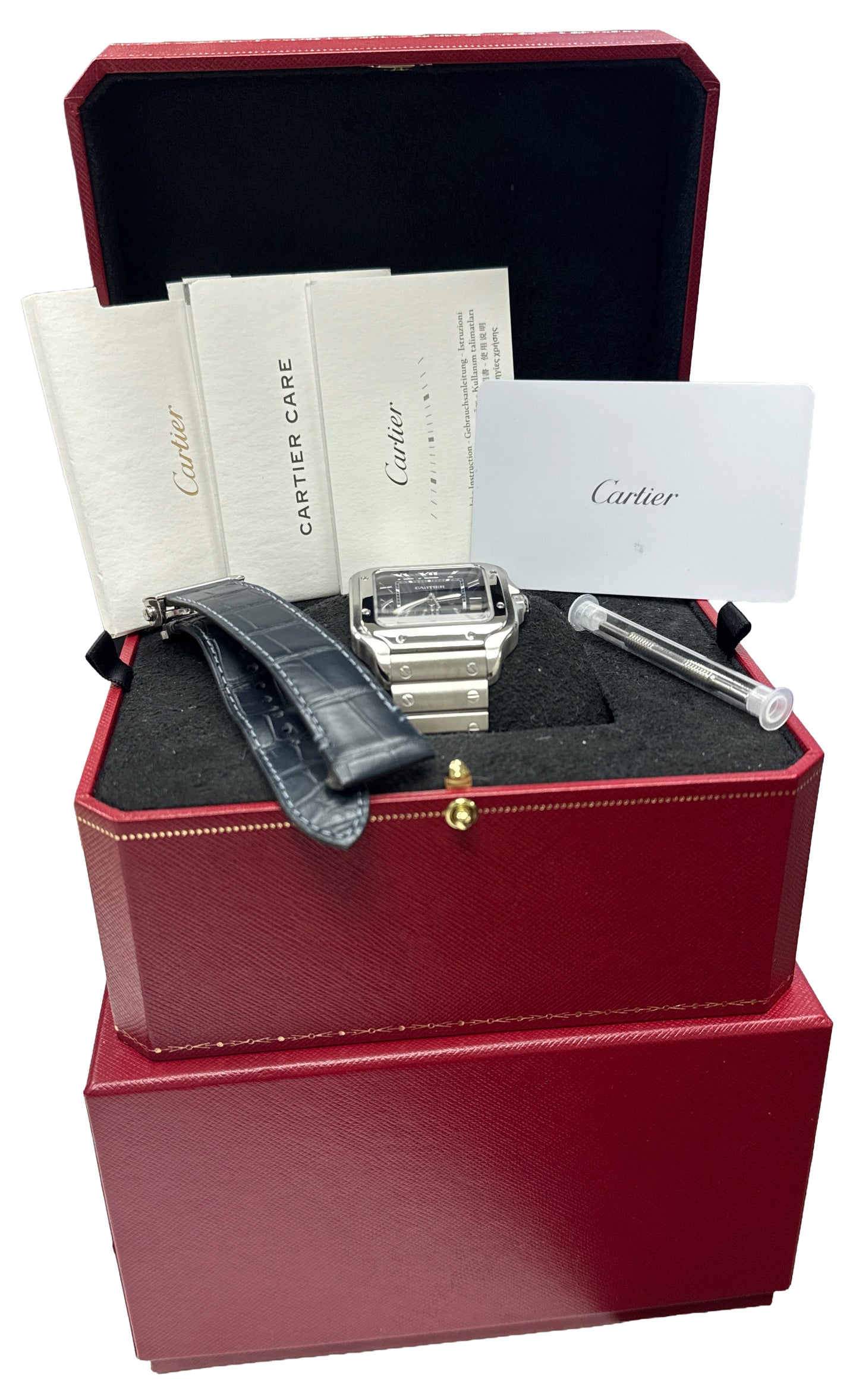 2024 PAPERS Cartier Santos 39.8mm BLUE 4072 WSSA0071 Stainless Steel Watch BOX