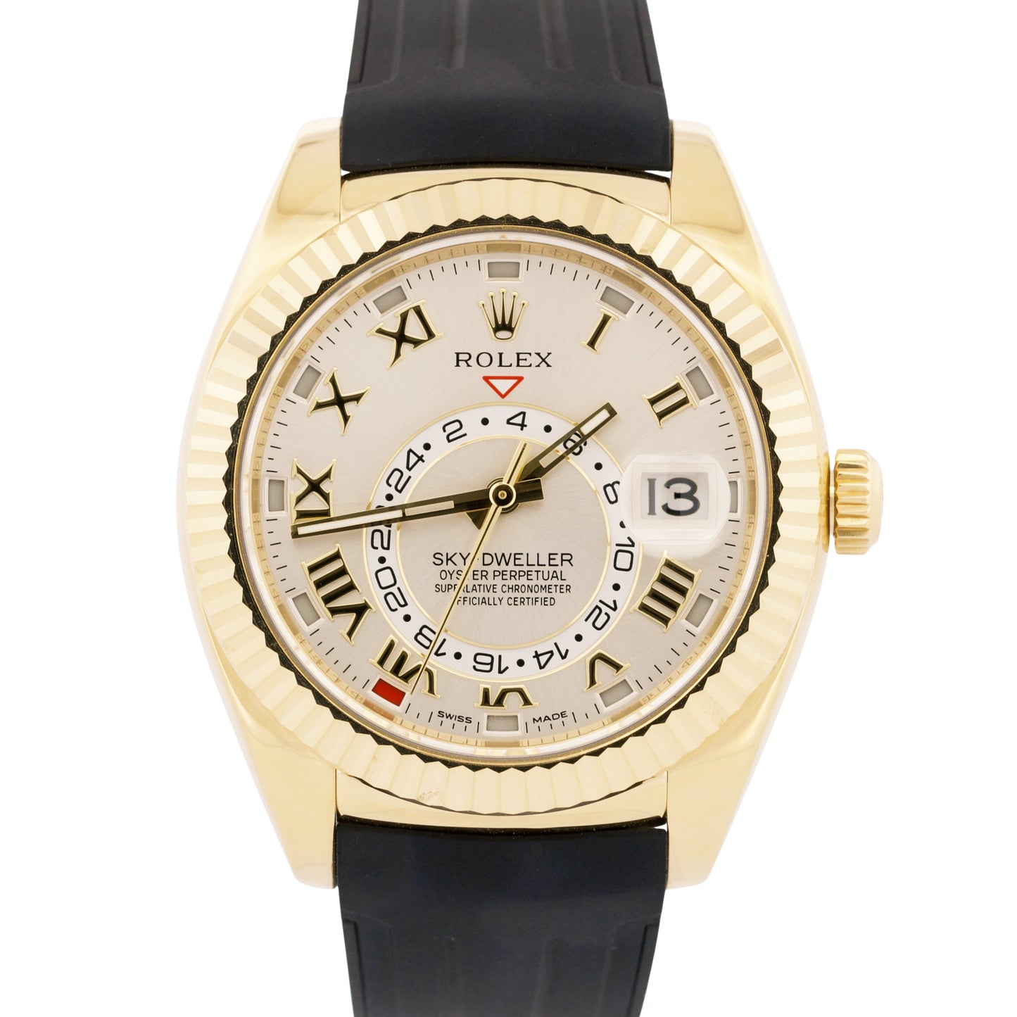 MINT Rolex Sky-Dweller 42mm SILVER ARABIC 18K Yellow Gold Rubber 326138 Watch
