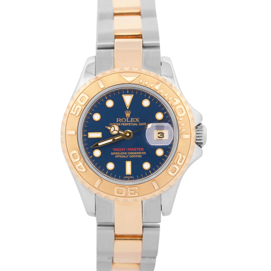 Ladies Rolex Yacht-Master 29mm BLUE 18K Yellow Gold Steel Two-Tone Watch 69623