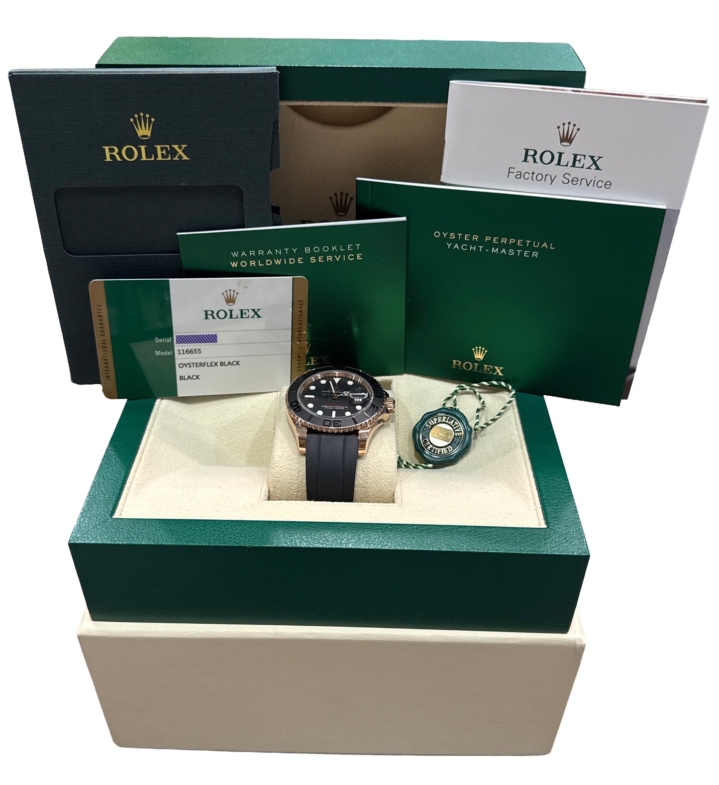 2016 PAPERS Rolex Yacht-Master BLACK 18K Rose Gold Oysterflex 40mm 116655 BOX