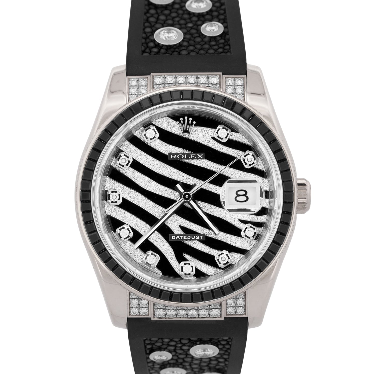 Rolex DateJust Factory Zebra Diamond 18K White Gold 36mm 116199SANR Box Papers