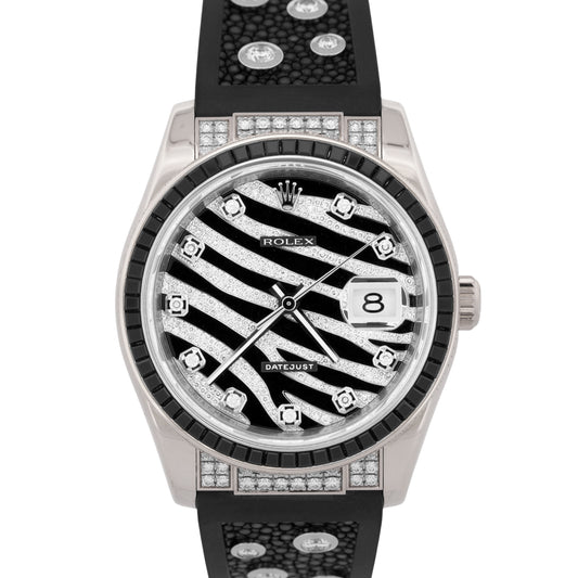 Rolex DateJust Factory Zebra Diamond 18K White Gold 36mm 116199SANR Box Papers