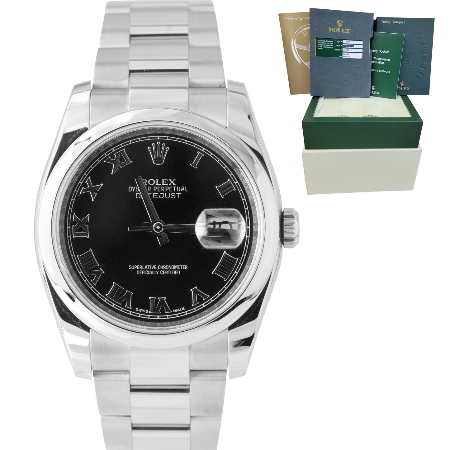 Rolex DateJust Black Roman 36mm 116200 Stainless Steel Oyster Smooth Watch B&P
