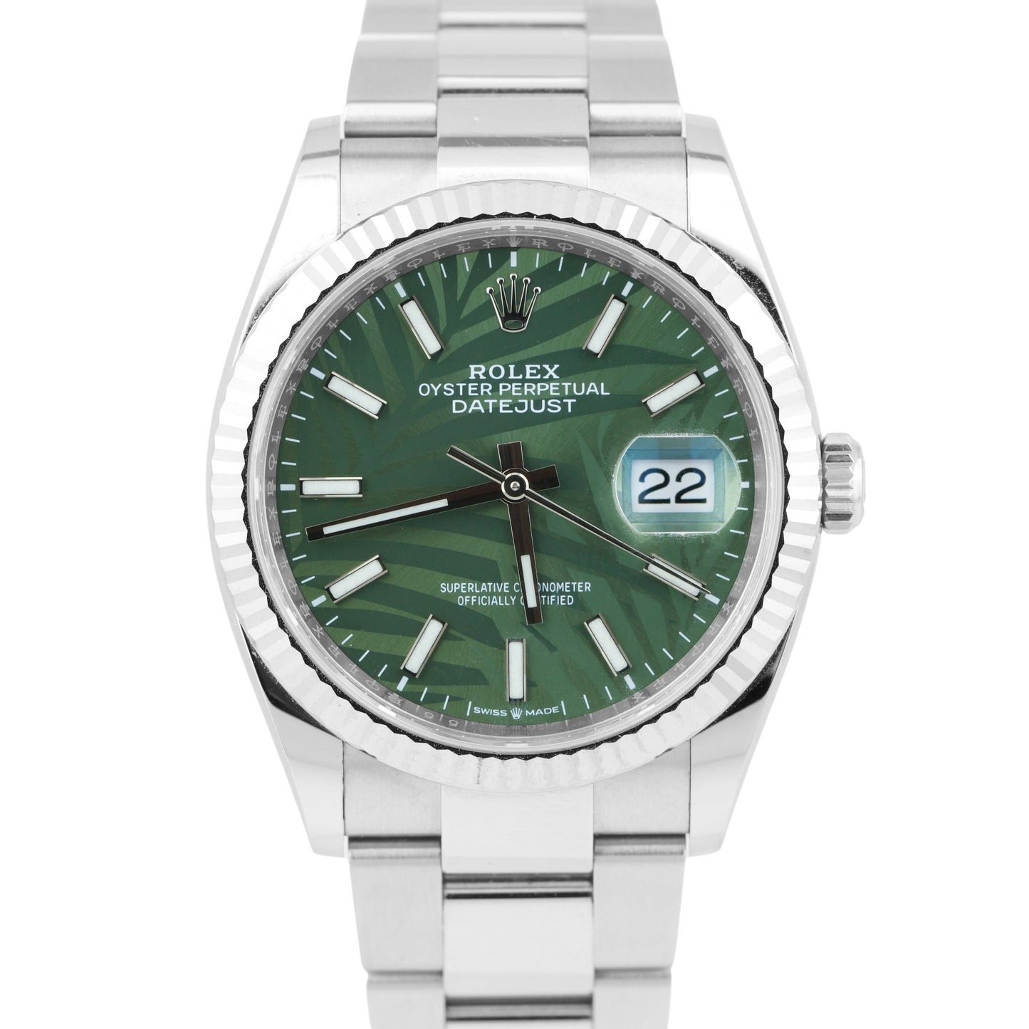 2021 Rolex DateJust 36mm Palm Green Motif Steel 18K Gold Oyster Watch 126234