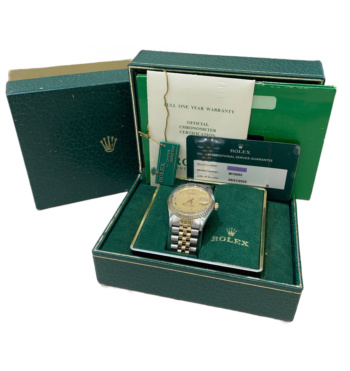 2022 RSC Rolex Oyster Perpetual Date 34mm Champagne Two-Tone Watch 15053 B&P
